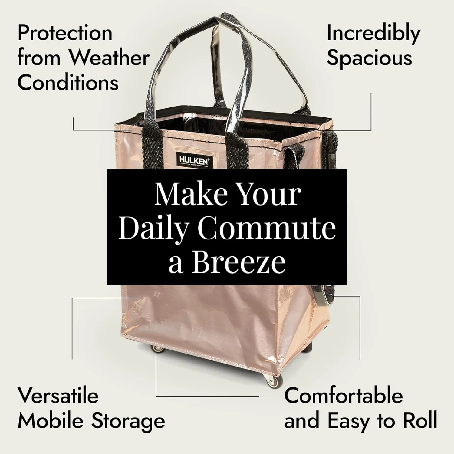 (Medium, Rose Gold) Reusable Grocery Bag On Wheels, Shopping Trolley, Rolling Tote, Zipper Closure, Lightweight, Carries Up to 66 lb, Folds Flat, Unbreakable Handles