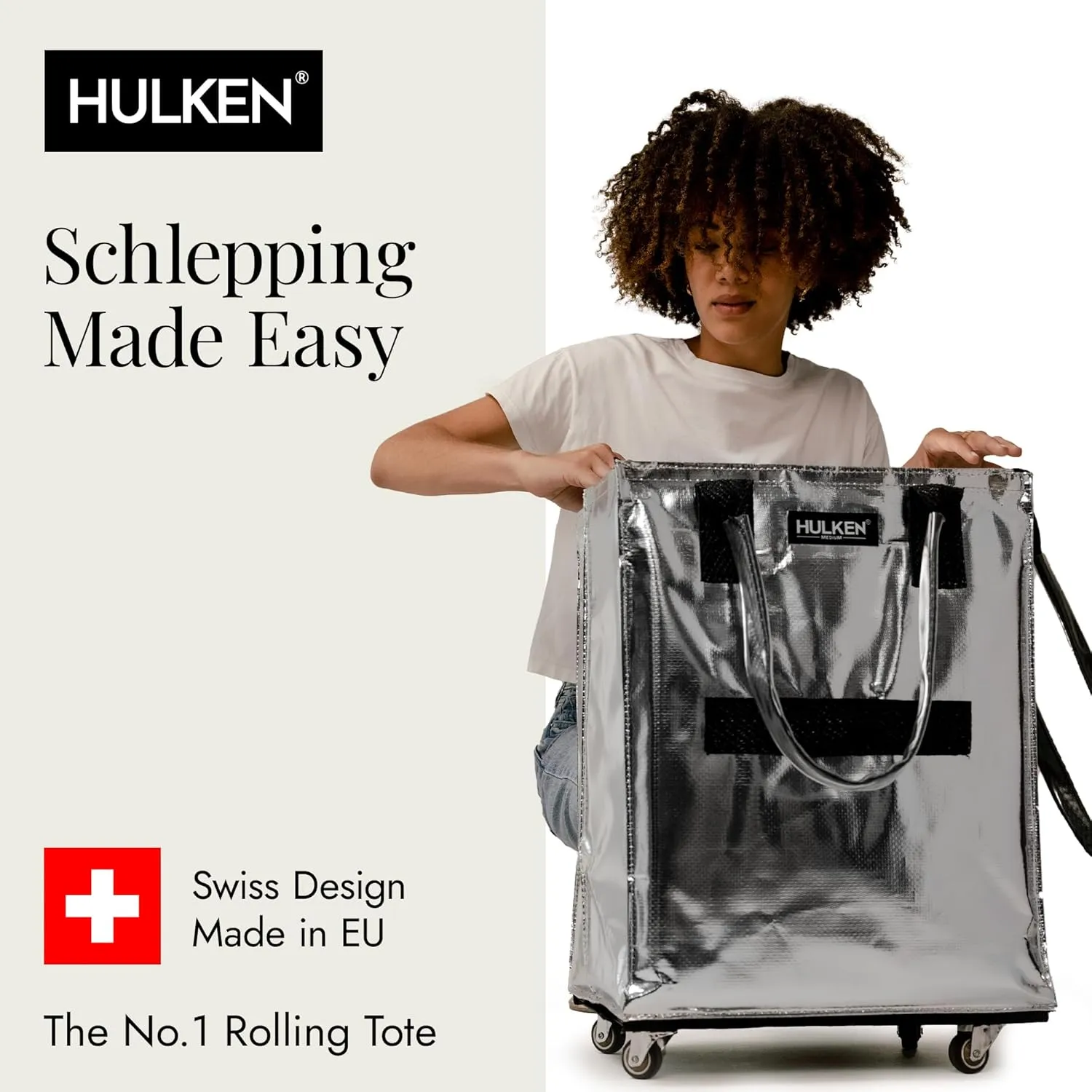 (Medium, Silver) Reusable Grocery Bag On Wheels, Shopping Trolley, Rolling Tote, Zipper Closure, Lightweight, Carries Up to 66 lb, Folds Flat, Unbreakable Handles