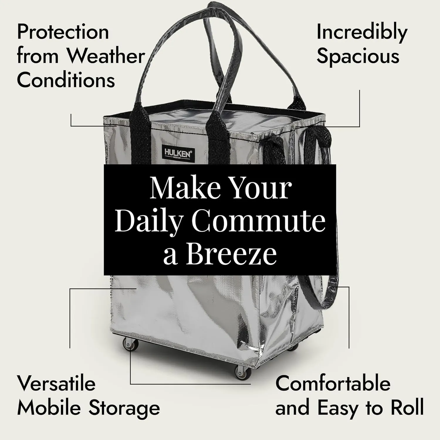 (Medium, Silver) Reusable Grocery Bag On Wheels, Shopping Trolley, Rolling Tote, Zipper Closure, Lightweight, Carries Up to 66 lb, Folds Flat, Unbreakable Handles