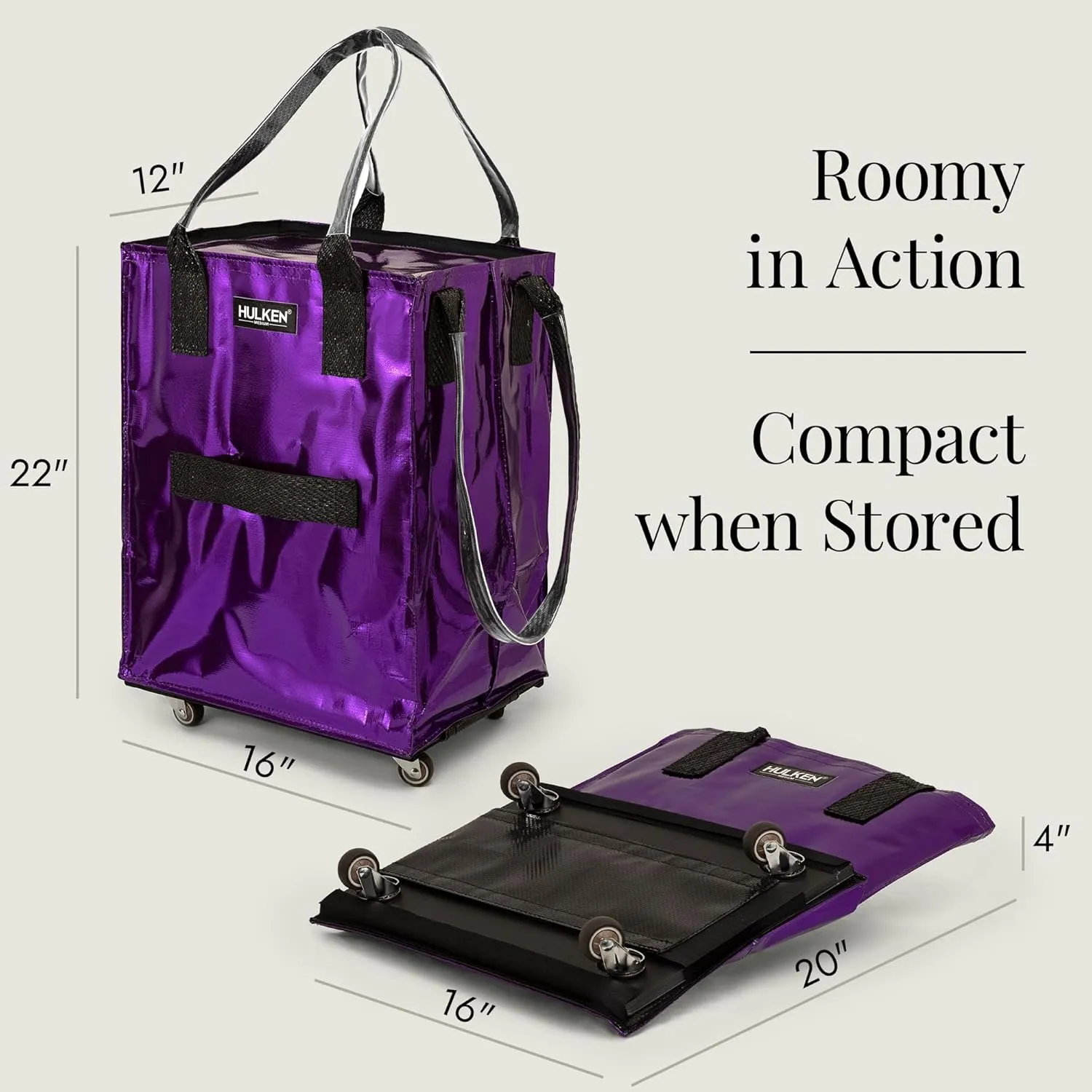 (Medium, Ultraviolet) Reusable Grocery Bag On Wheels, Shopping Trolley, Rolling Tote, Zipper Closure, Lightweight, Carries Up to 66 lb, Folds Flat, Unbreakable Handles