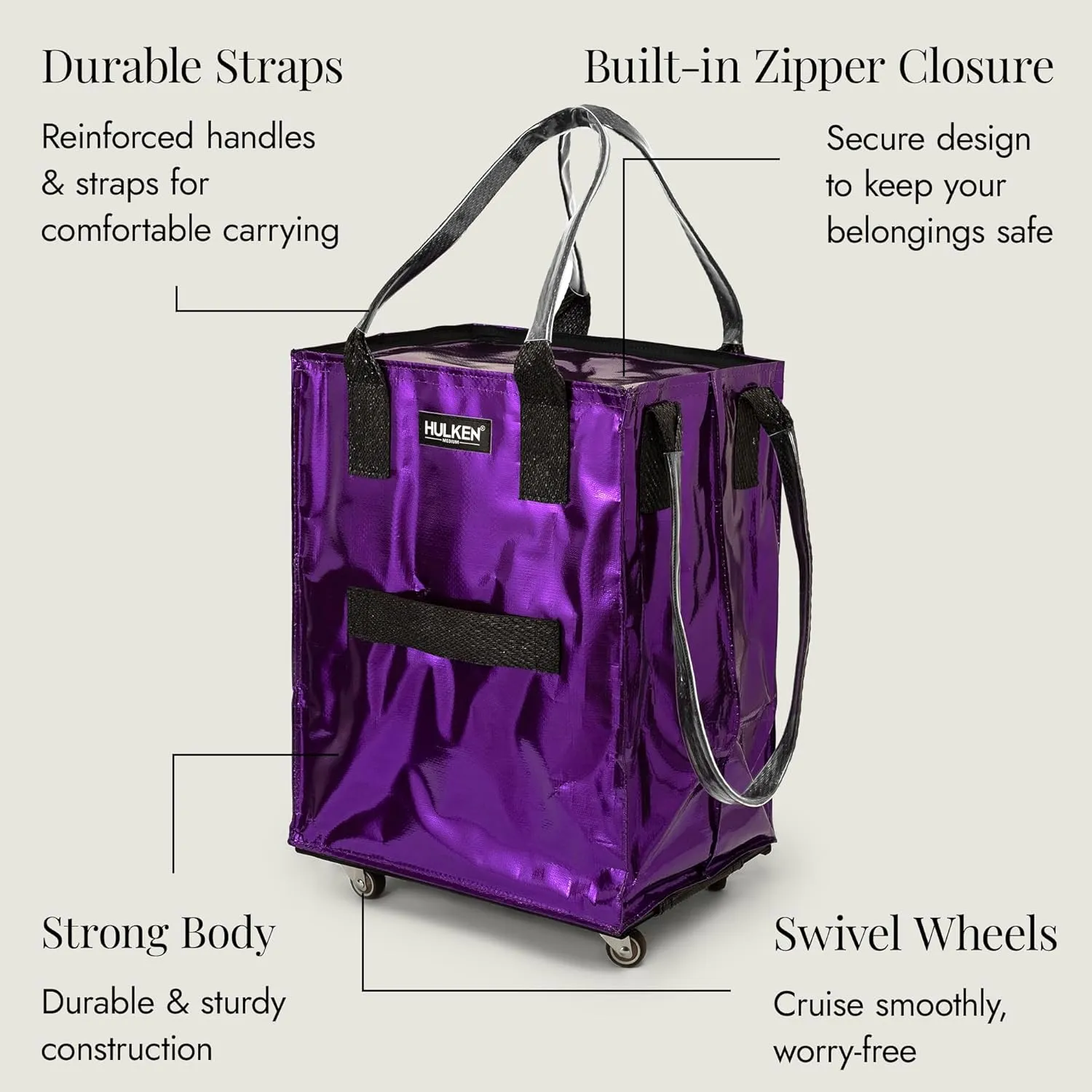 (Medium, Ultraviolet) Reusable Grocery Bag On Wheels, Shopping Trolley, Rolling Tote, Zipper Closure, Lightweight, Carries Up to 66 lb, Folds Flat, Unbreakable Handles