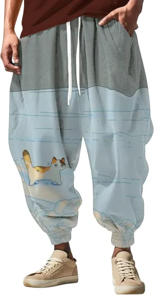 Men Hippie Harem Pants Men's Autumn Fun Print Fashion Street Feel Casual Sweatpants Cotton Drawstring Cargo Pants