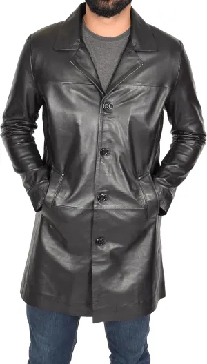 Mens 3/4 Long Black Leather Coat Crombie Style Jacket Overcoat Classic Trench Jones