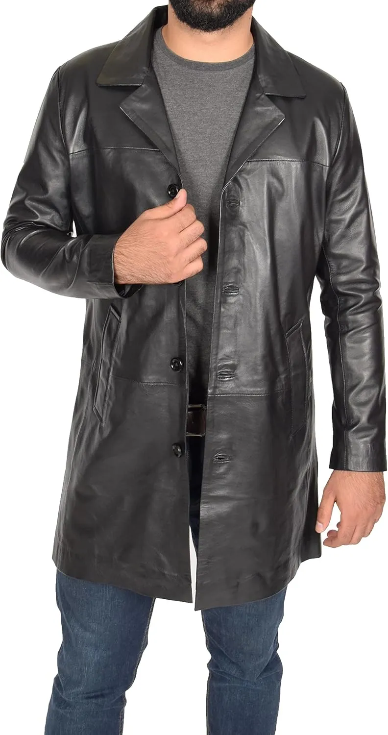 Mens 3/4 Long Black Leather Coat Crombie Style Jacket Overcoat Classic Trench Jones
