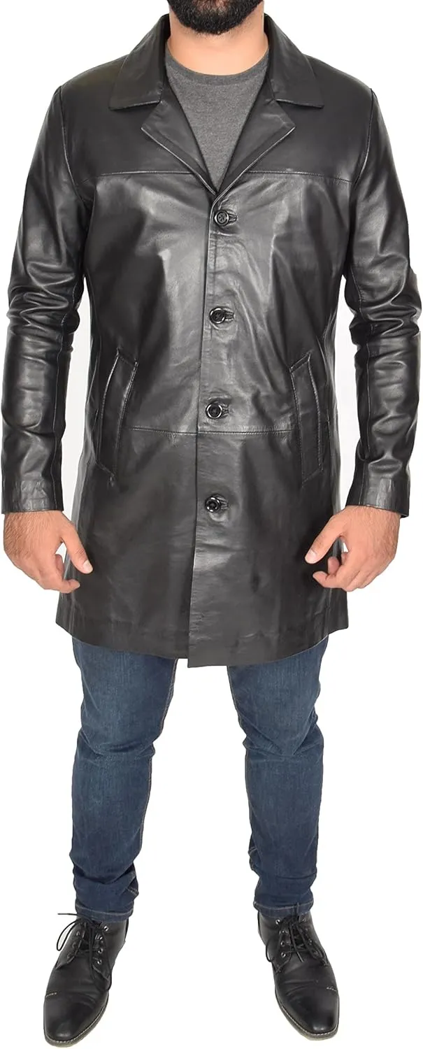 Mens 3/4 Long Black Leather Coat Crombie Style Jacket Overcoat Classic Trench Jones