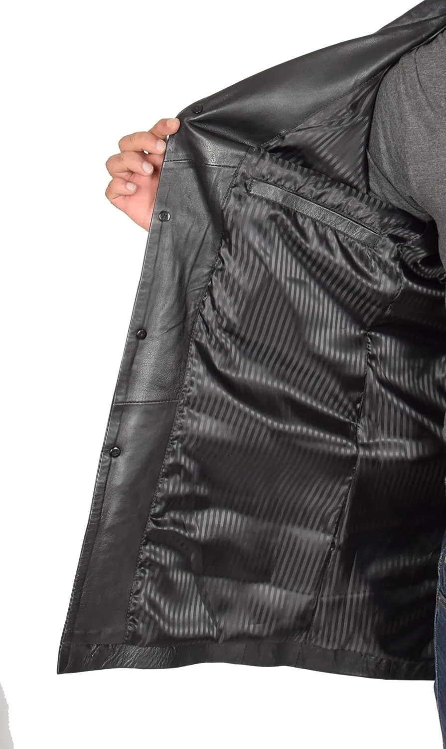 Mens 3/4 Long Black Leather Coat Crombie Style Jacket Overcoat Classic Trench Jones