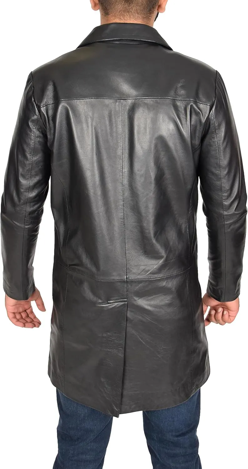 Mens 3/4 Long Black Leather Coat Crombie Style Jacket Overcoat Classic Trench Jones