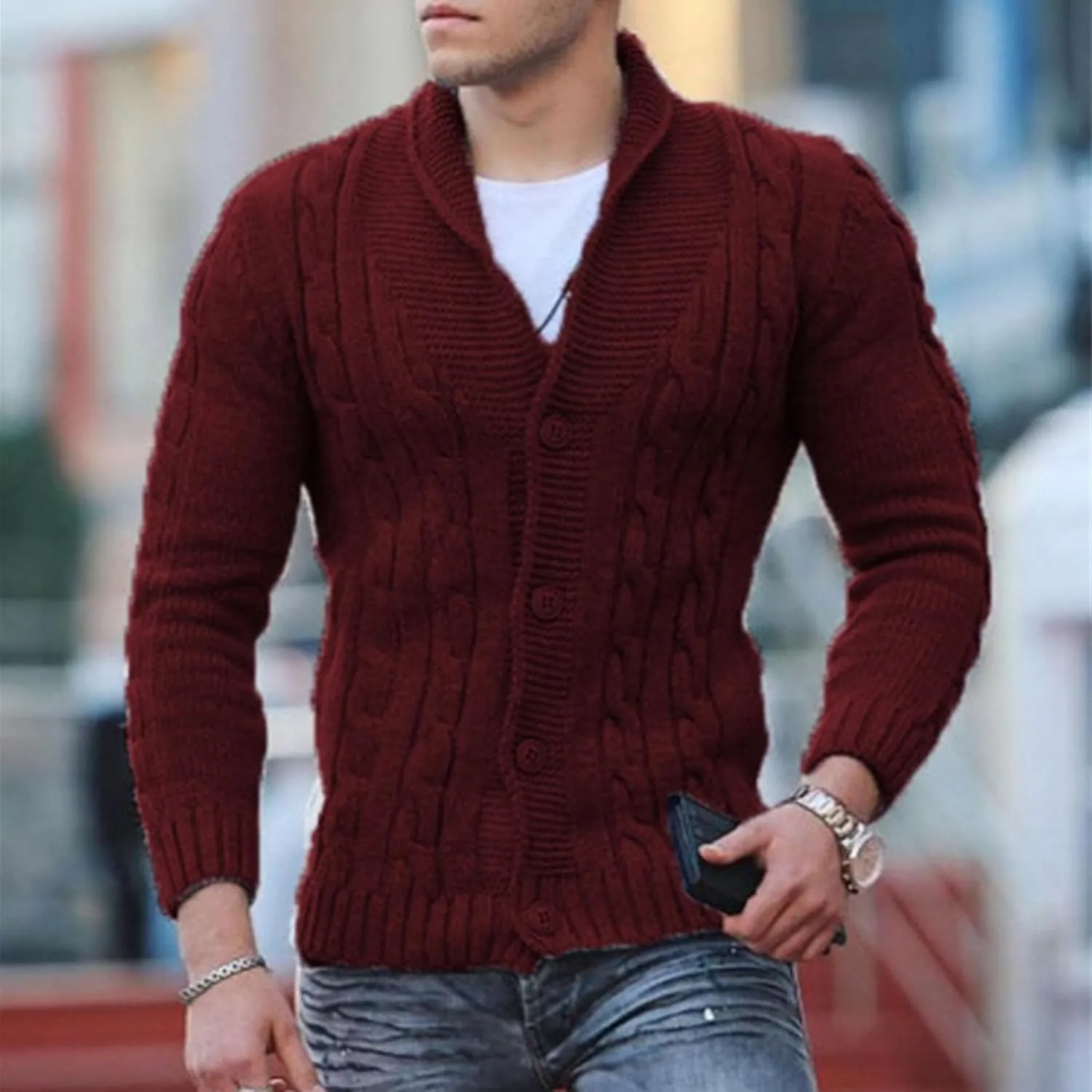 Men's Cardigan Sweater Slim Retro Jacquard Button Down Sweater Knitted Cardigan Casual Sweater