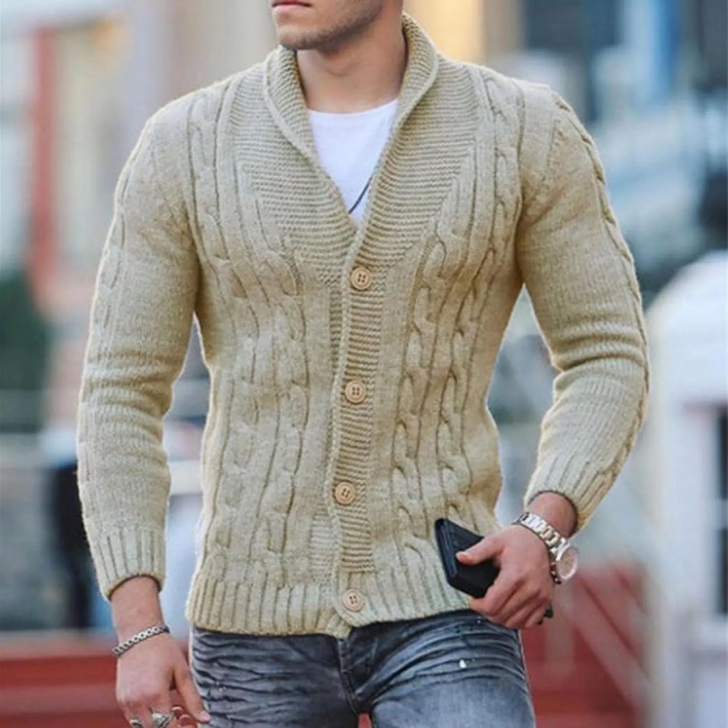 Men's Cardigan Sweater Slim Retro Jacquard Button Down Sweater Knitted Cardigan Casual Sweater