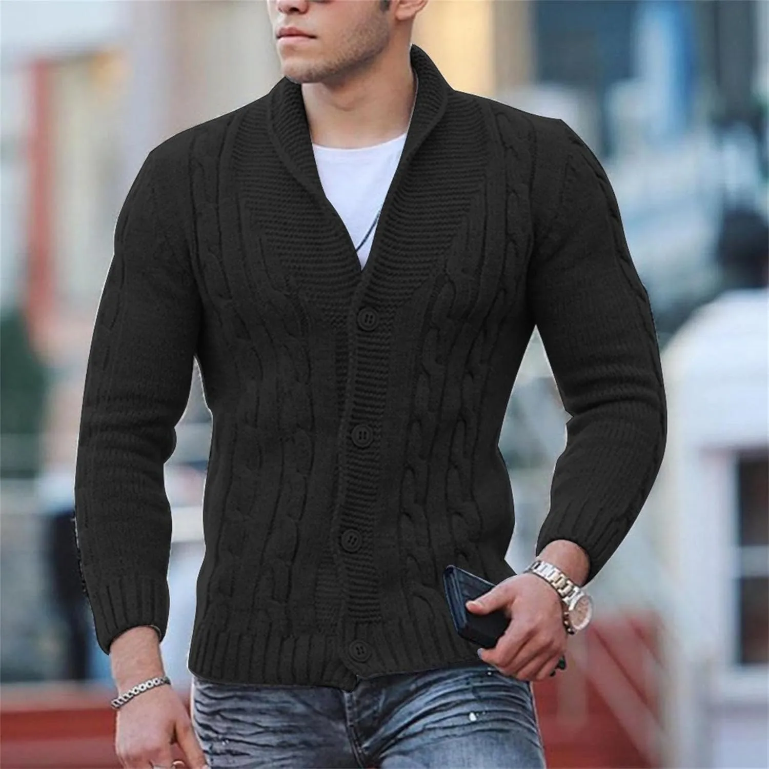 Men's Cardigan Sweater Slim Retro Jacquard Button Down Sweater Knitted Cardigan Casual Sweater