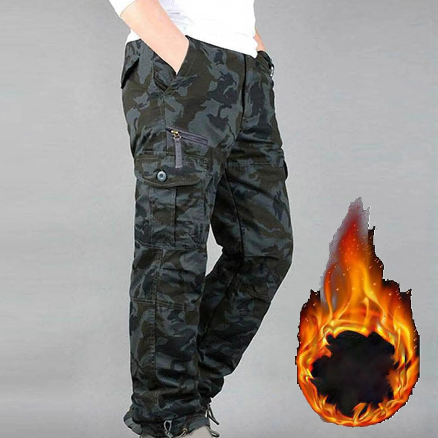 Mens Cargo Joggers Winter Fleece Camouflage Tactical Pants Ripstop Outdoor Warm Hiking Straight Trousers with Pockets