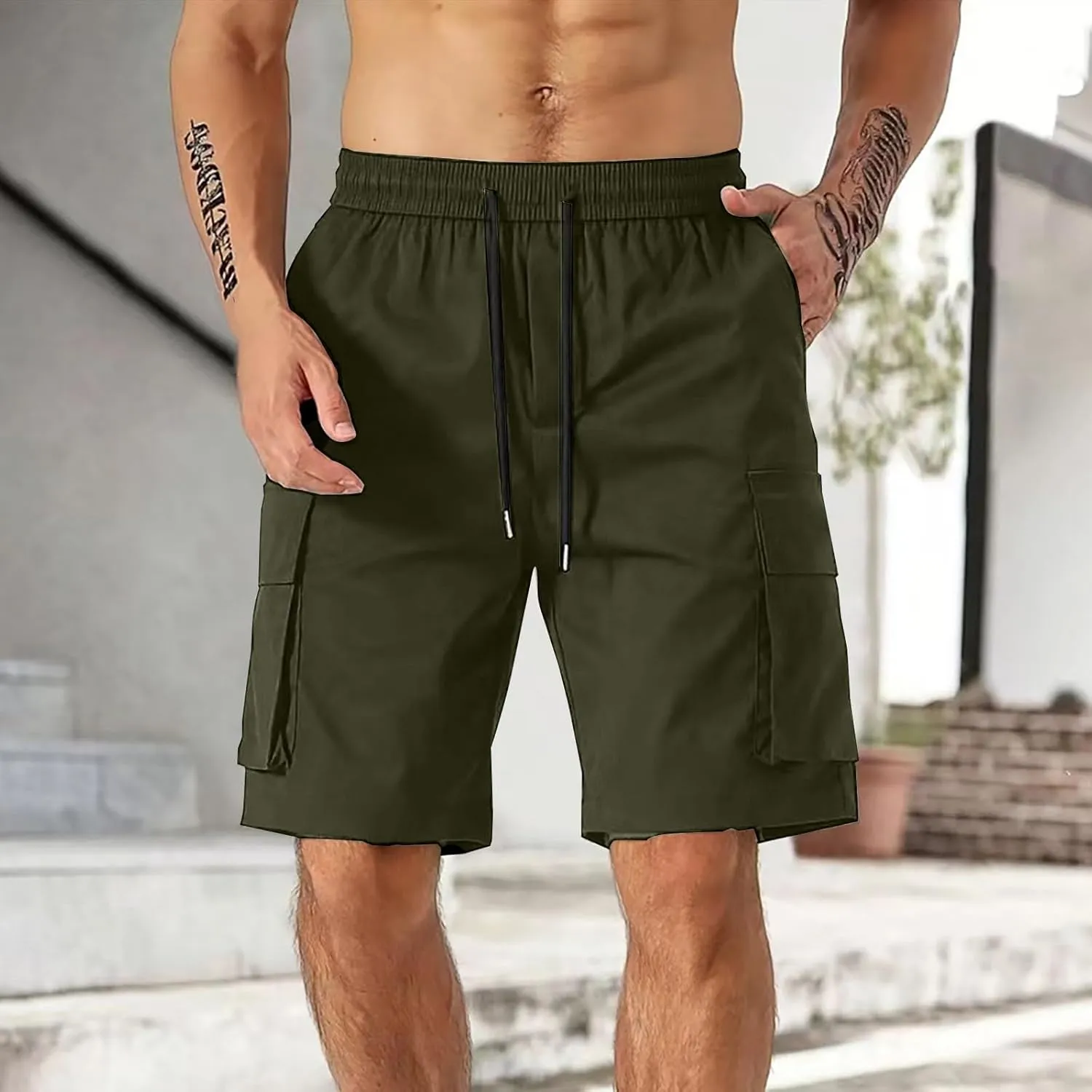 Men's Cargo Shorts Elastic Waist Relaxed Fit Casual Short Pants Outdoor Lightweight Work Shorts with Multi Pocket