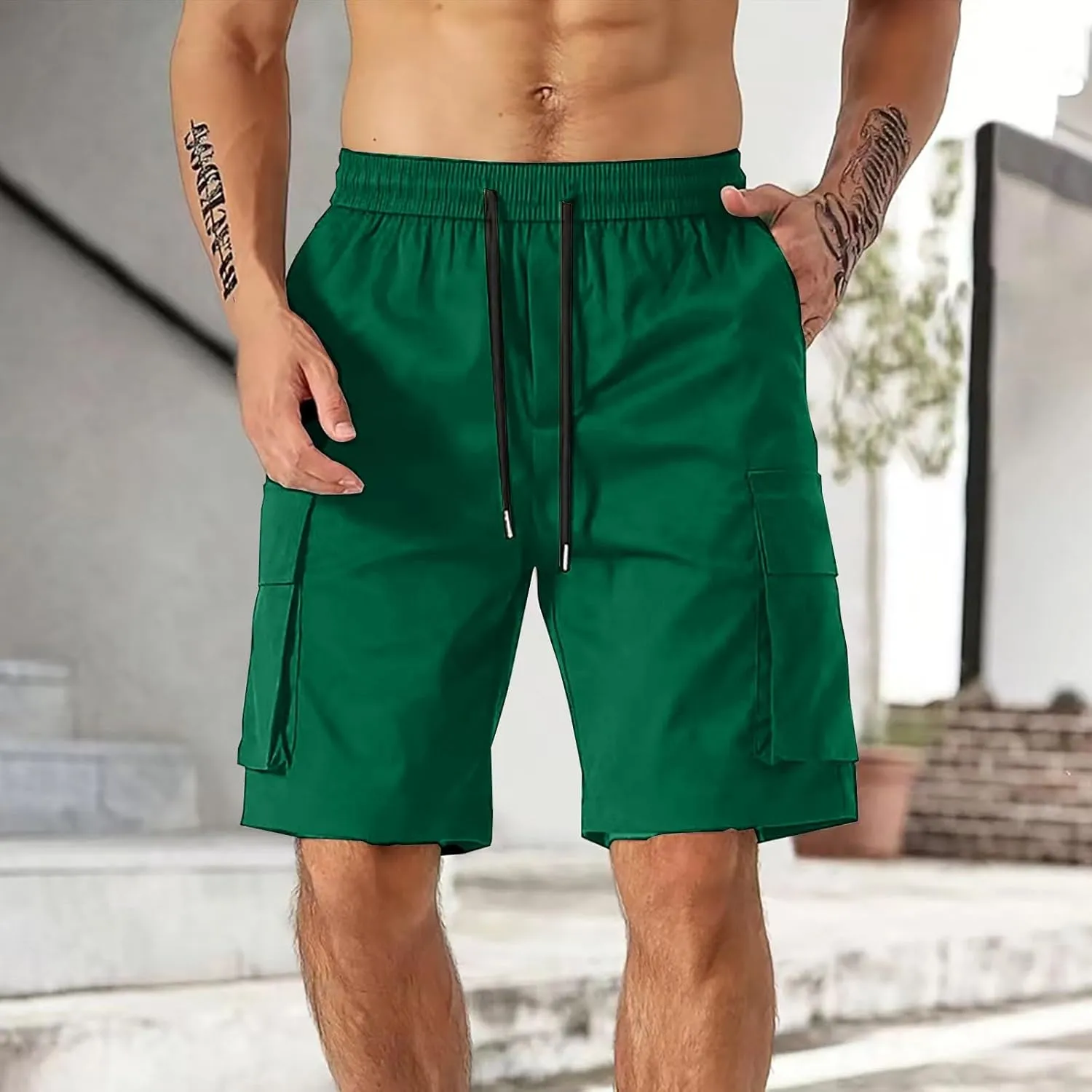 Men's Cargo Shorts Elastic Waist Relaxed Fit Casual Short Pants Outdoor Lightweight Work Shorts with Multi Pocket