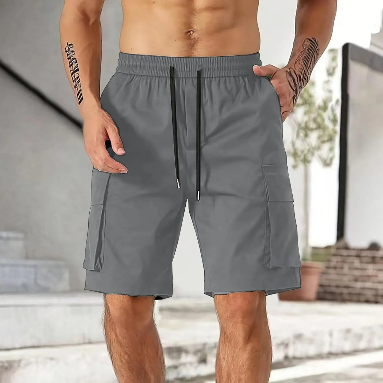 Men's Cargo Shorts Elastic Waist Relaxed Fit Casual Short Pants Outdoor Lightweight Work Shorts with Multi Pocket