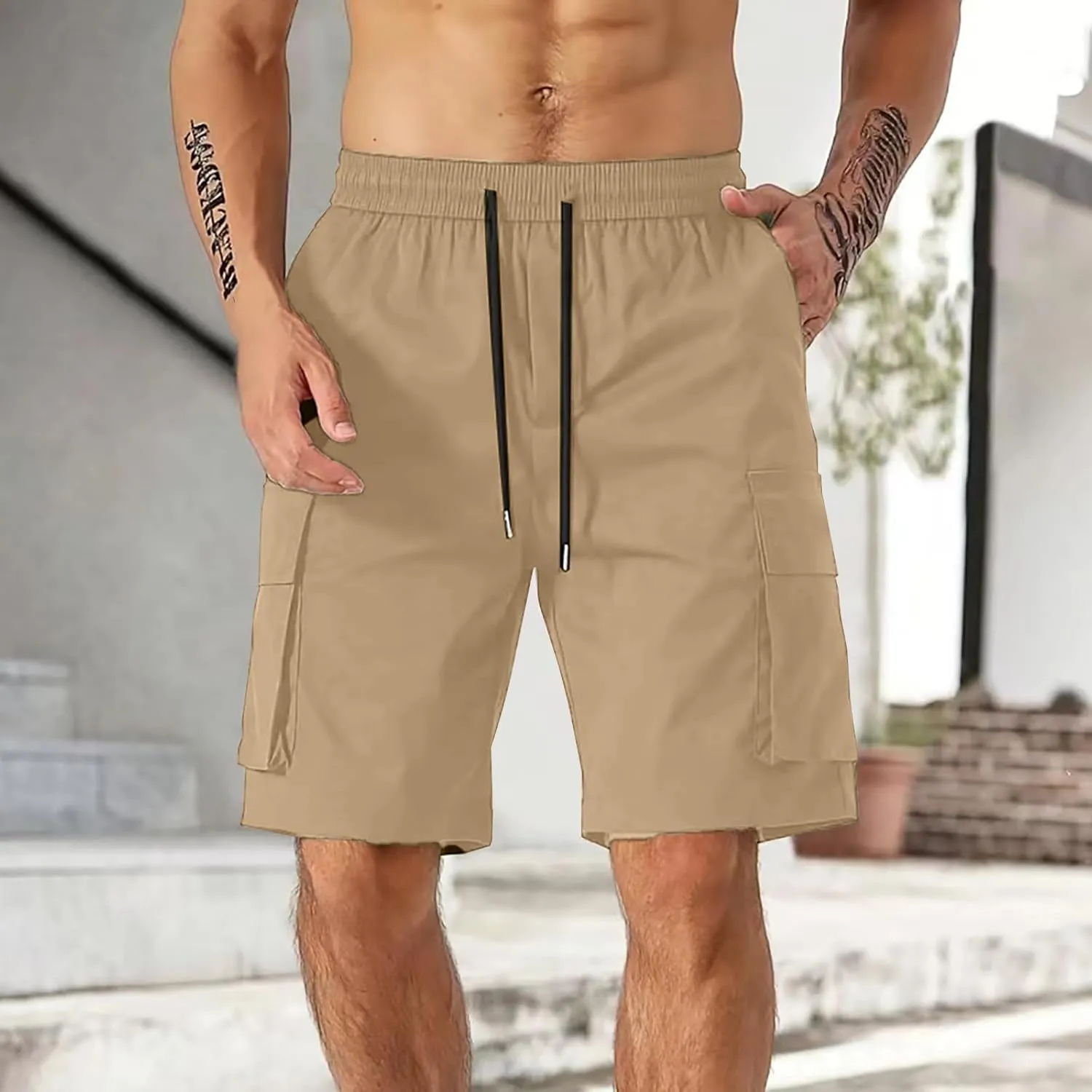 Men's Cargo Shorts Elastic Waist Relaxed Fit Casual Short Pants Outdoor Lightweight Work Shorts with Multi Pocket