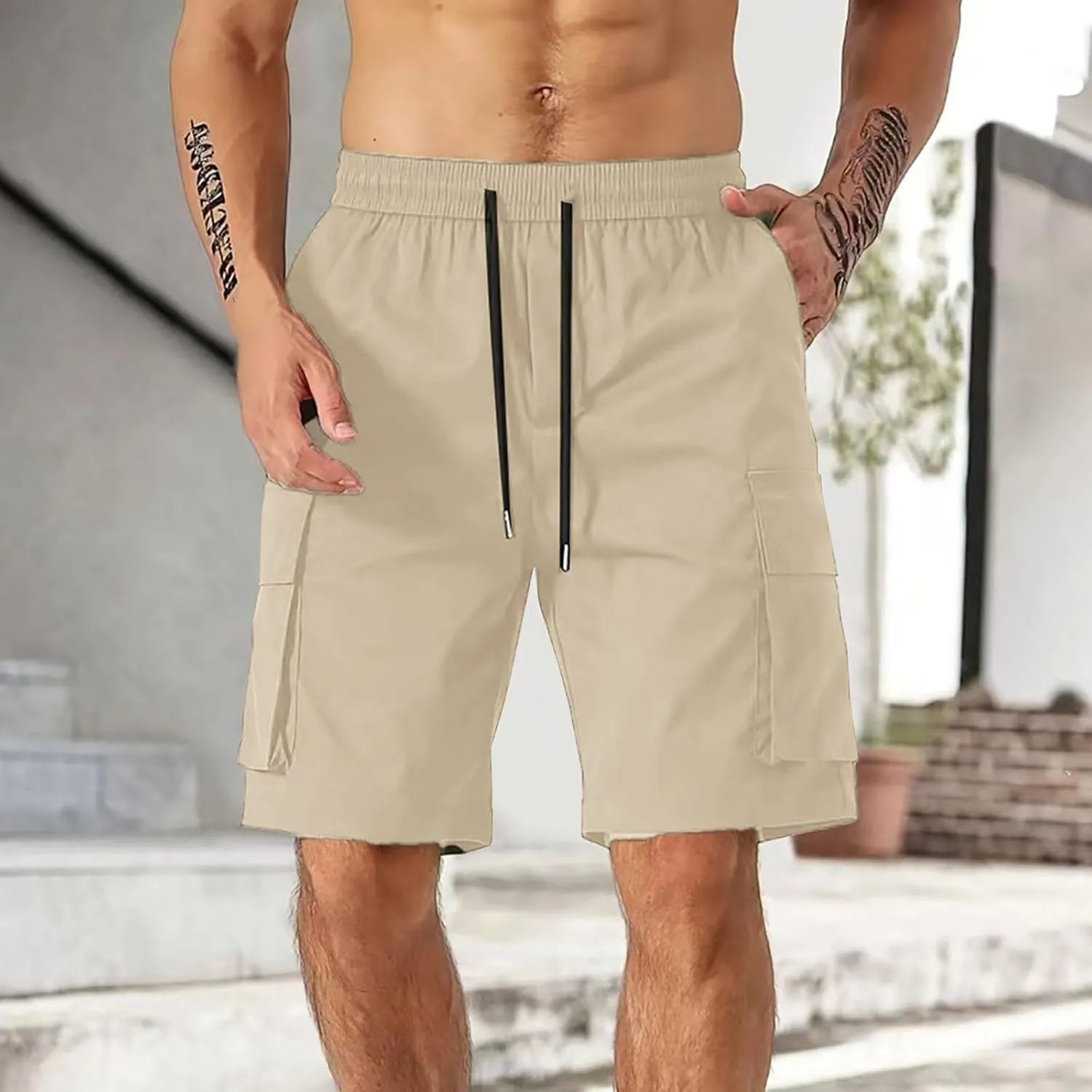 Men's Cargo Shorts Elastic Waist Relaxed Fit Casual Short Pants Outdoor Lightweight Work Shorts with Multi Pocket