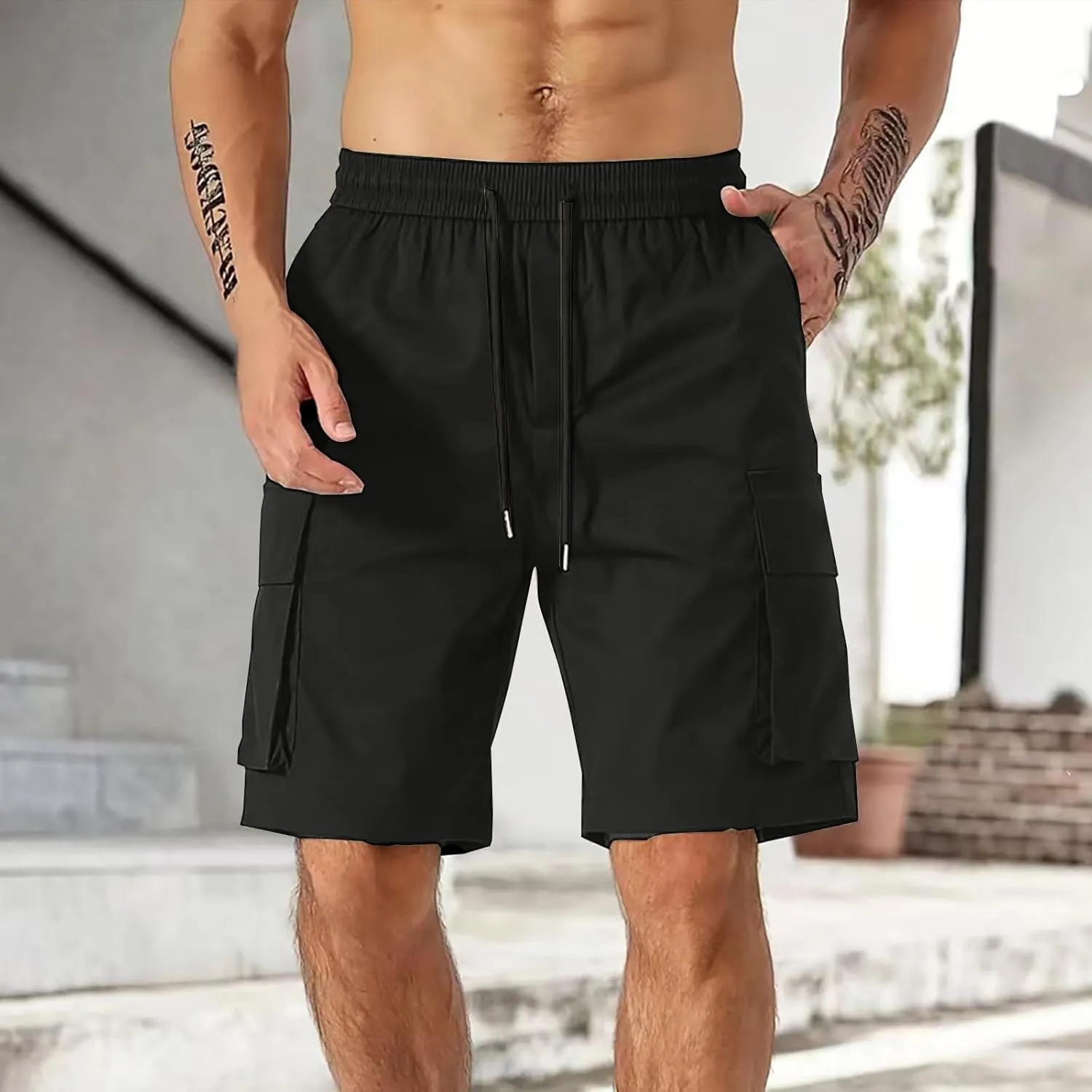 Men's Cargo Shorts Elastic Waist Relaxed Fit Casual Short Pants Outdoor Lightweight Work Shorts with Multi Pocket