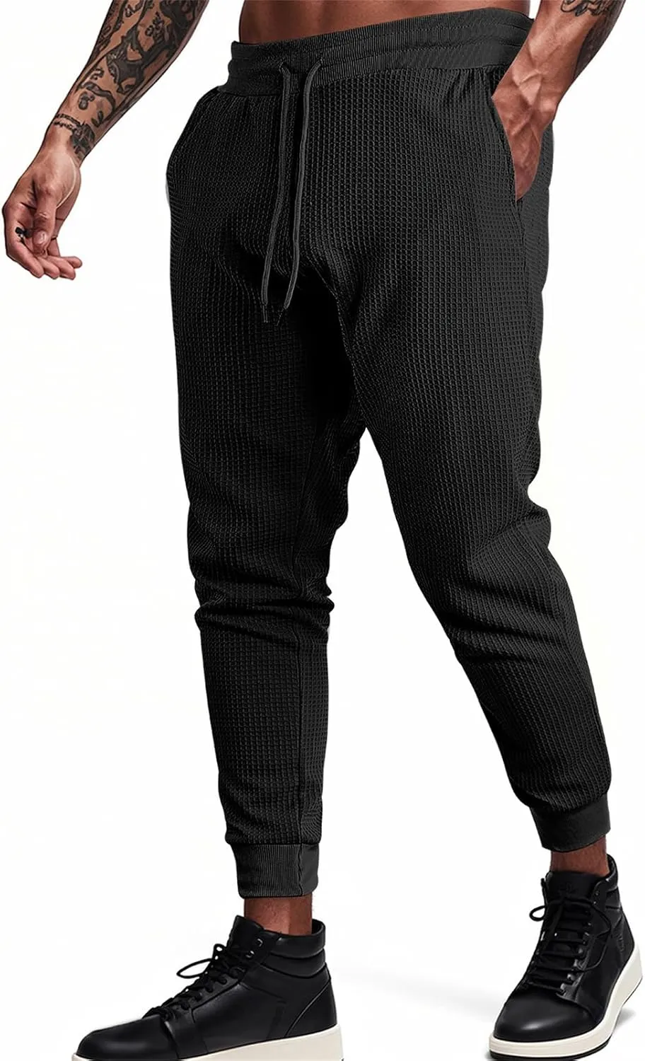 Mens Cargo Work Pants Waffle Drawstring Elastic Waist Casual Loose Relaxed Fit Breathable Stretch Hiking Sweatpants