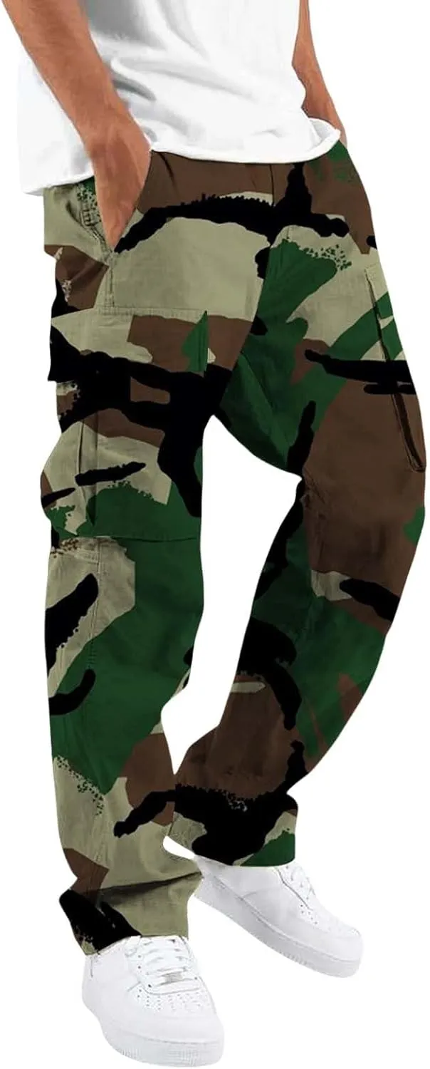 Men's Casual Cargo Sweatpants Multi Pocket Up Solid Color Warm Plush Woven Cargo Hiking Workout Joggers Sweatpants