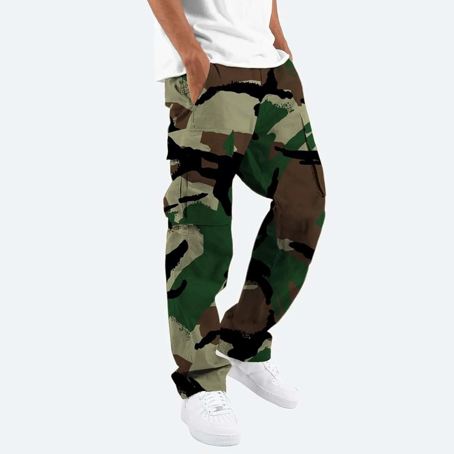 Men's Casual Cargo Sweatpants Multi Pocket Up Solid Color Warm Plush Woven Cargo Hiking Workout Joggers Sweatpants