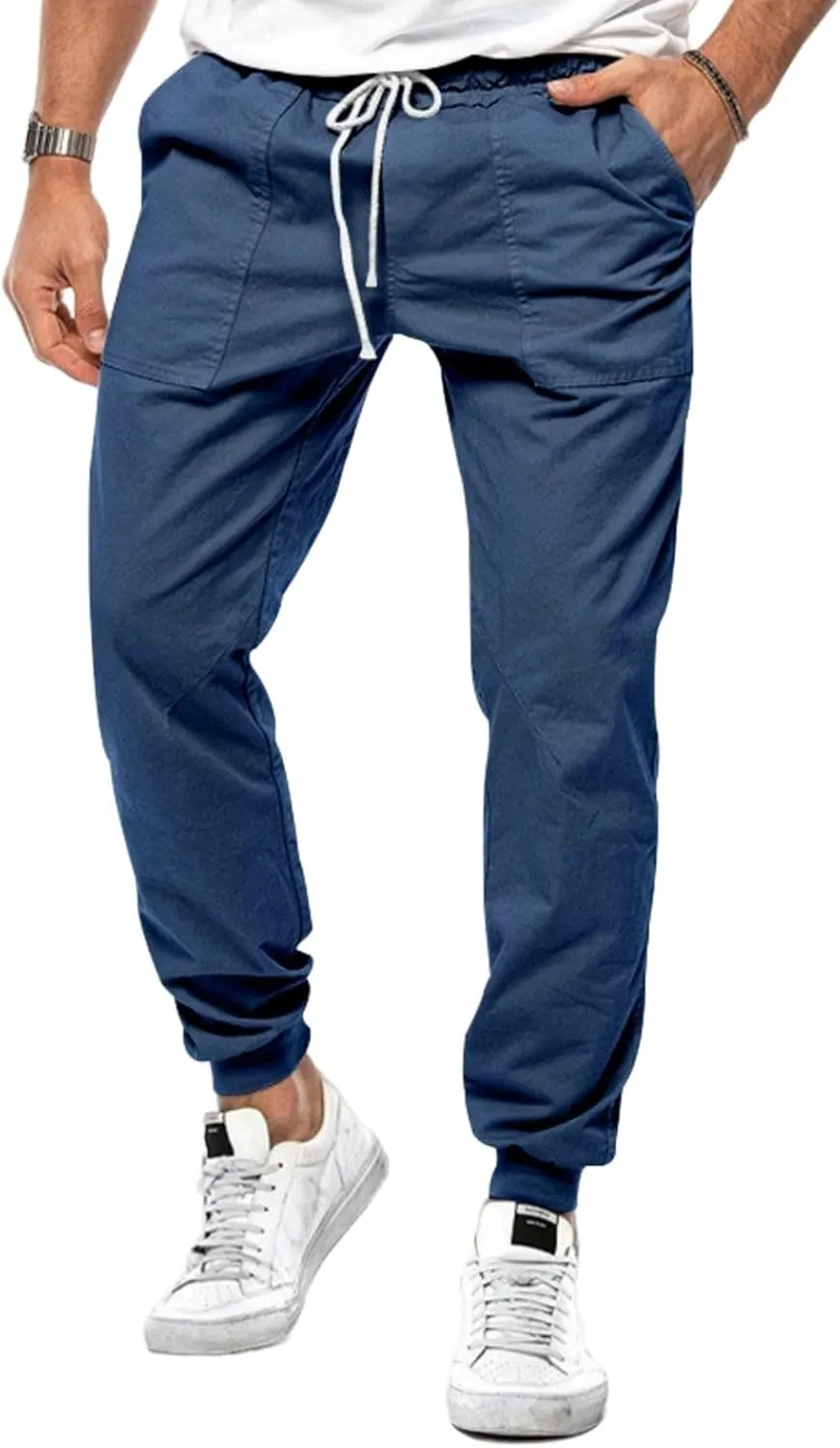 Mens Casual Chino Cargo Pants Loose Drawstring Sweatpants Elastic Waist Cotton Breathable Outdoor Fall Trousers