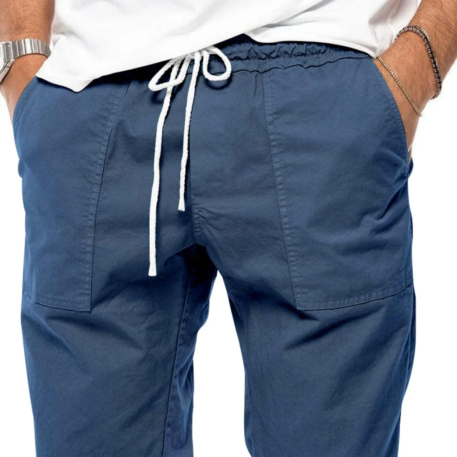 Mens Casual Chino Cargo Pants Loose Drawstring Sweatpants Elastic Waist Cotton Breathable Outdoor Fall Trousers