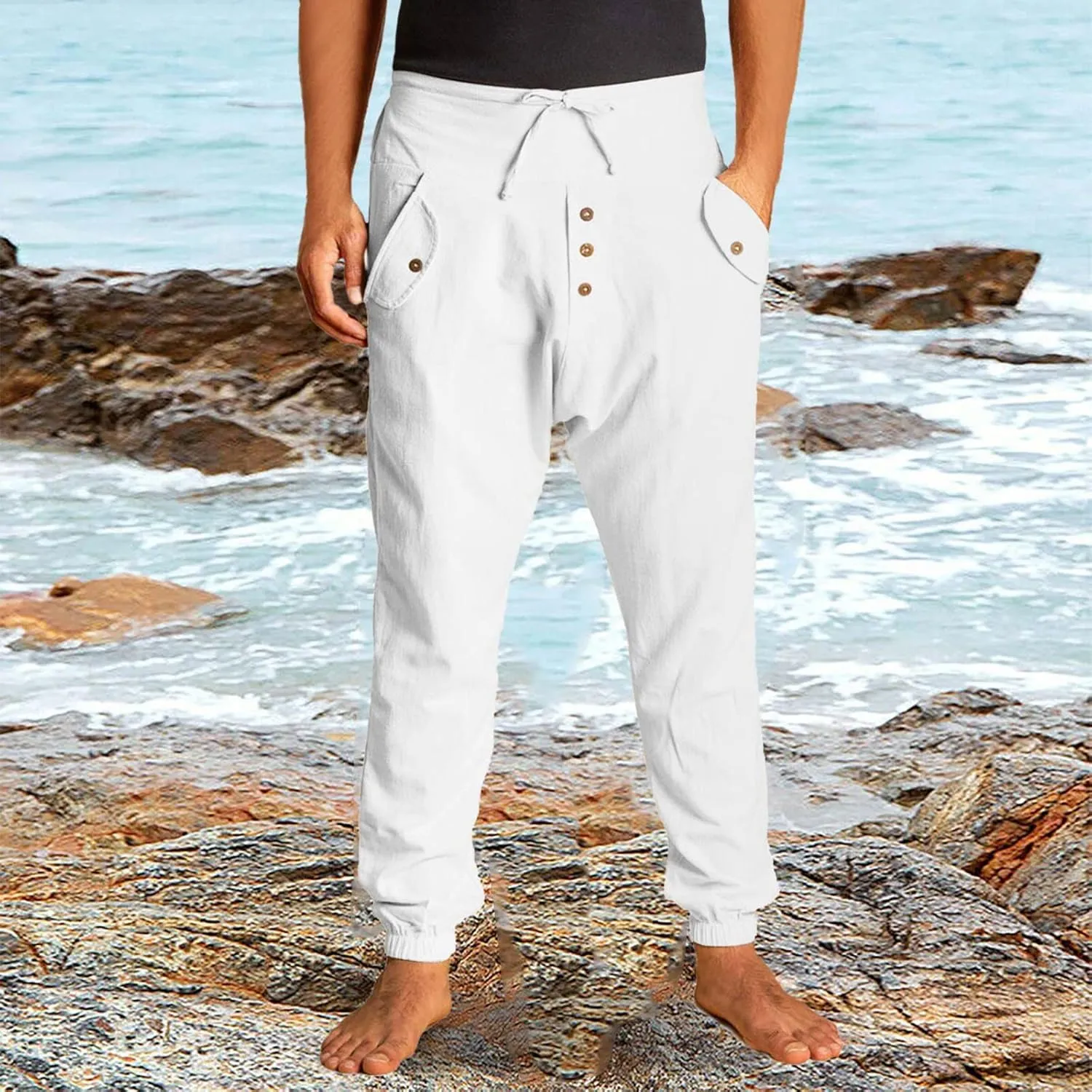 Mens Casual Cotton Pants Drawstring Elastic Waist Loose Linen Sweatpants Lightweight Breathable Workout Trousers