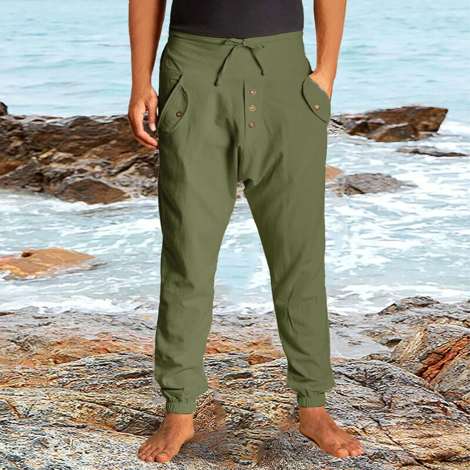 Mens Casual Cotton Pants Drawstring Elastic Waist Loose Linen Sweatpants Lightweight Breathable Workout Trousers
