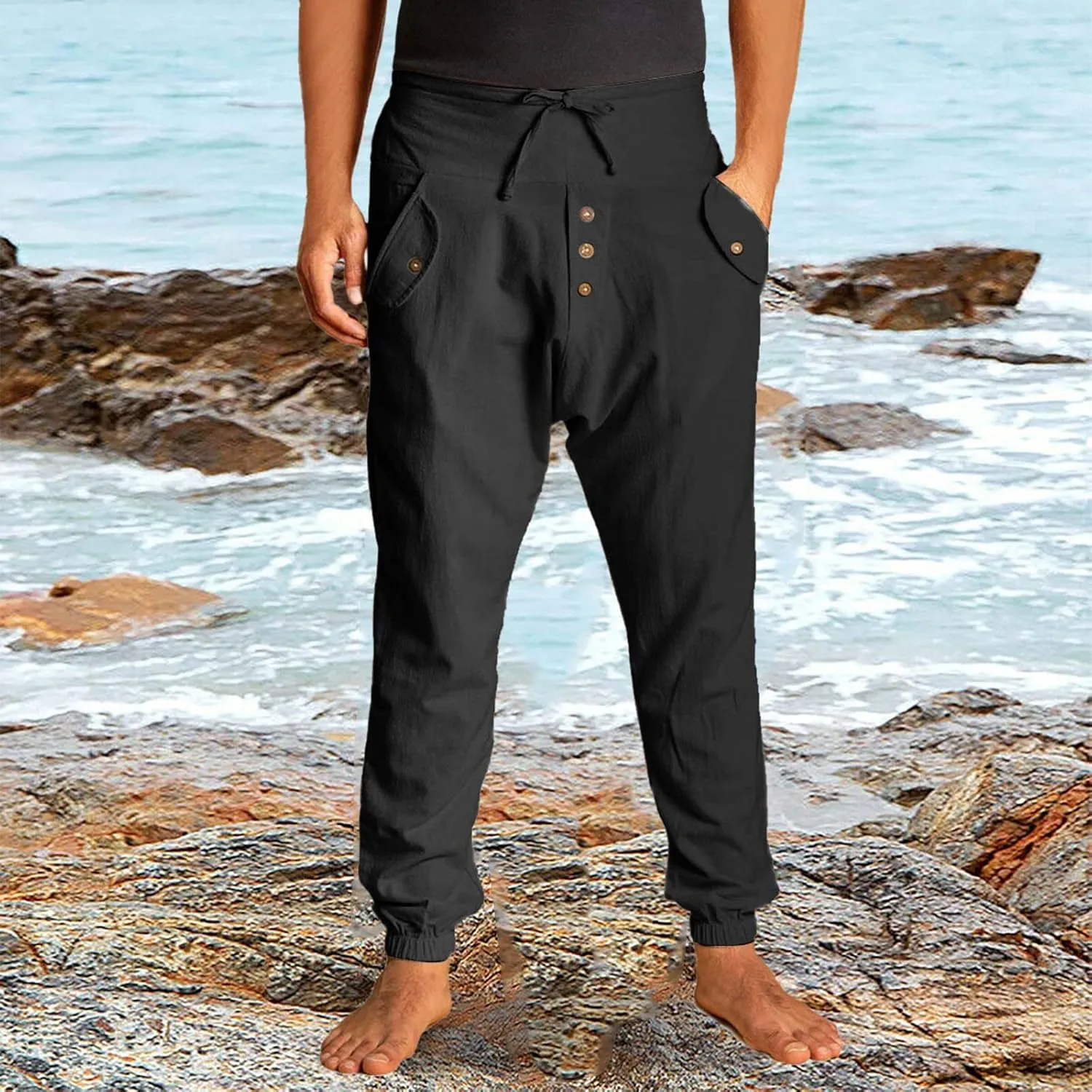 Mens Casual Cotton Pants Drawstring Elastic Waist Loose Linen Sweatpants Lightweight Breathable Workout Trousers