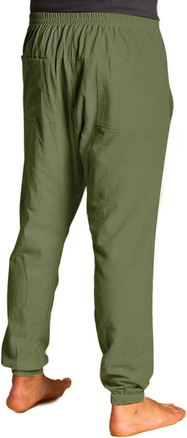 Mens Casual Cotton Pants Drawstring Elastic Waist Loose Linen Sweatpants Lightweight Breathable Workout Trousers
