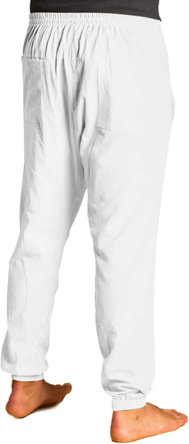 Mens Casual Cotton Pants Drawstring Elastic Waist Loose Linen Sweatpants Lightweight Breathable Workout Trousers