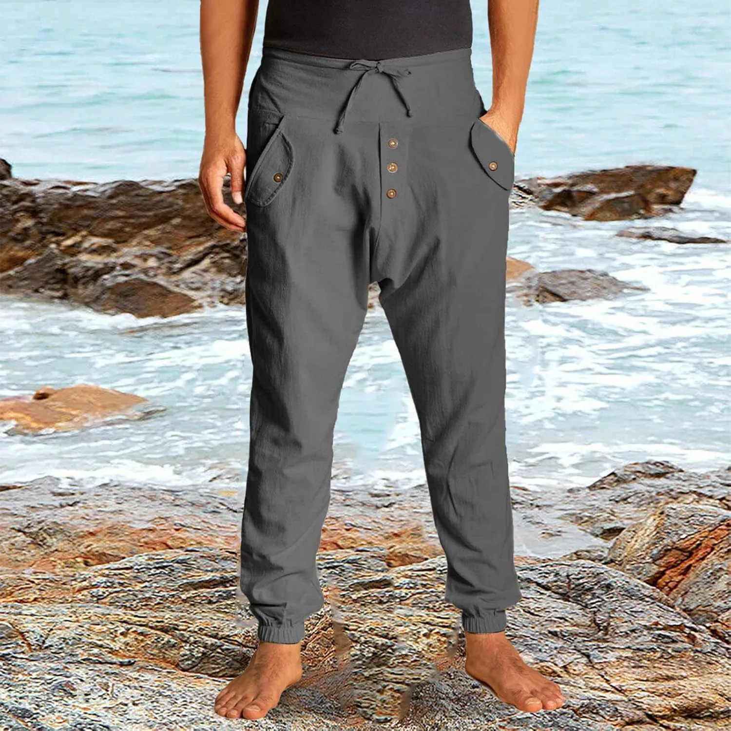 Mens Casual Cotton Pants Drawstring Elastic Waist Loose Linen Sweatpants Lightweight Breathable Workout Trousers