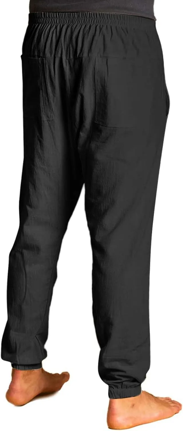 Mens Casual Cotton Pants Drawstring Elastic Waist Loose Linen Sweatpants Lightweight Breathable Workout Trousers