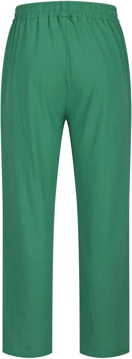 Mens Casual Linen Pants Loose Fit Elastic Drawstring Waist Straight-Legs Lightweight Comfy Summer Yoga Beach Long Pants