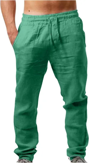 Mens Casual Linen Pants Loose Fit Elastic Drawstring Waist Straight-Legs Lightweight Comfy Summer Yoga Beach Long Pants