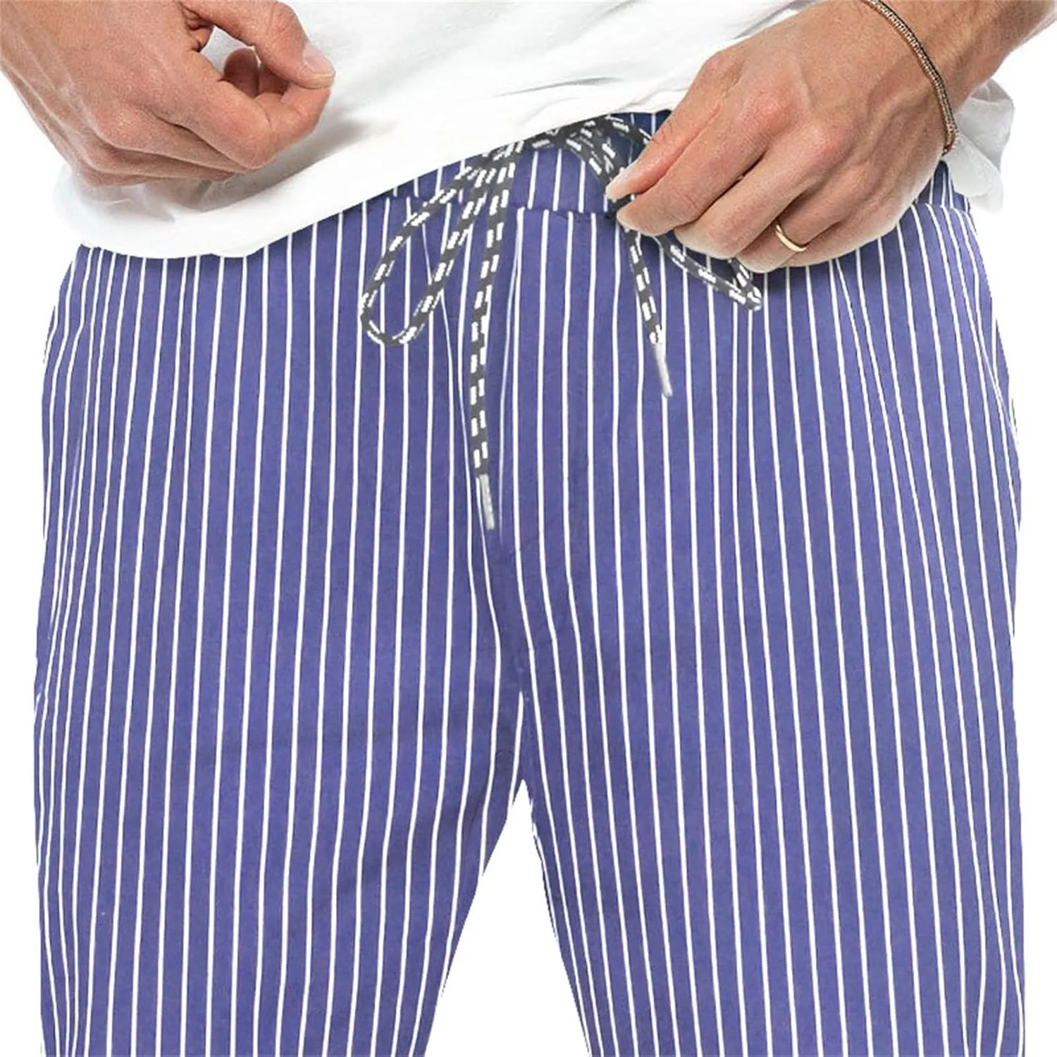 Mens Casual Pants Stripe Elastic Waist Drawstring Tapered Trousers Loose Breathable Outdoor Outing Pants with Pocket