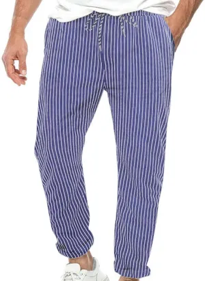 Mens Casual Pants Stripe Elastic Waist Drawstring Tapered Trousers Loose Breathable Outdoor Outing Pants with Pocket