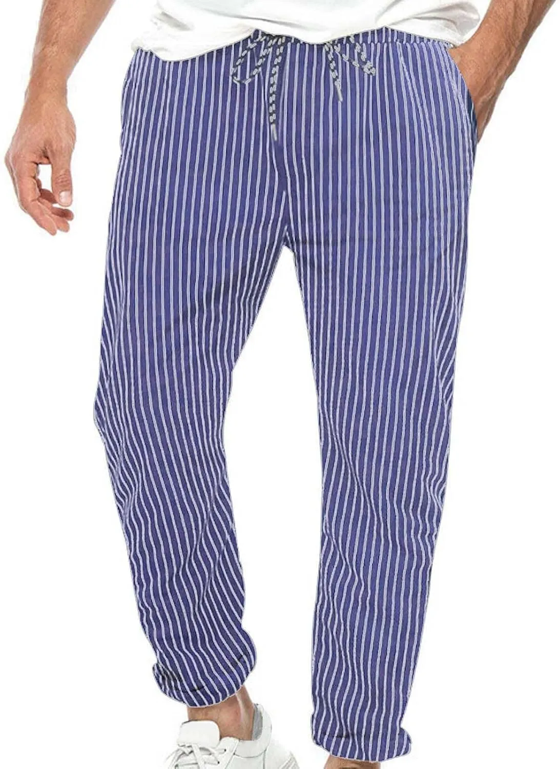 Mens Casual Pants Stripe Elastic Waist Drawstring Tapered Trousers Loose Breathable Outdoor Outing Pants with Pocket