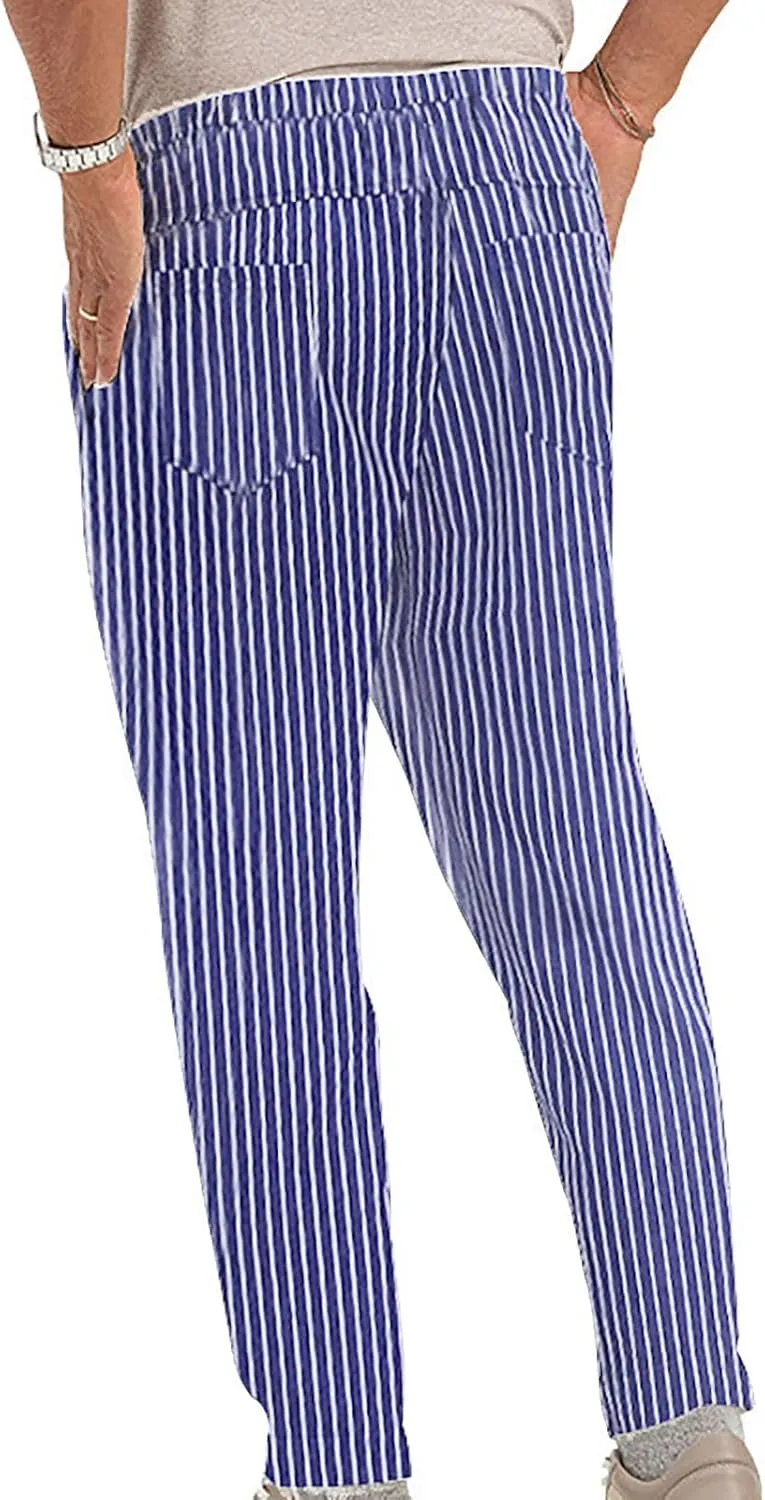 Mens Casual Pants Stripe Elastic Waist Drawstring Tapered Trousers Loose Breathable Outdoor Outing Pants with Pocket