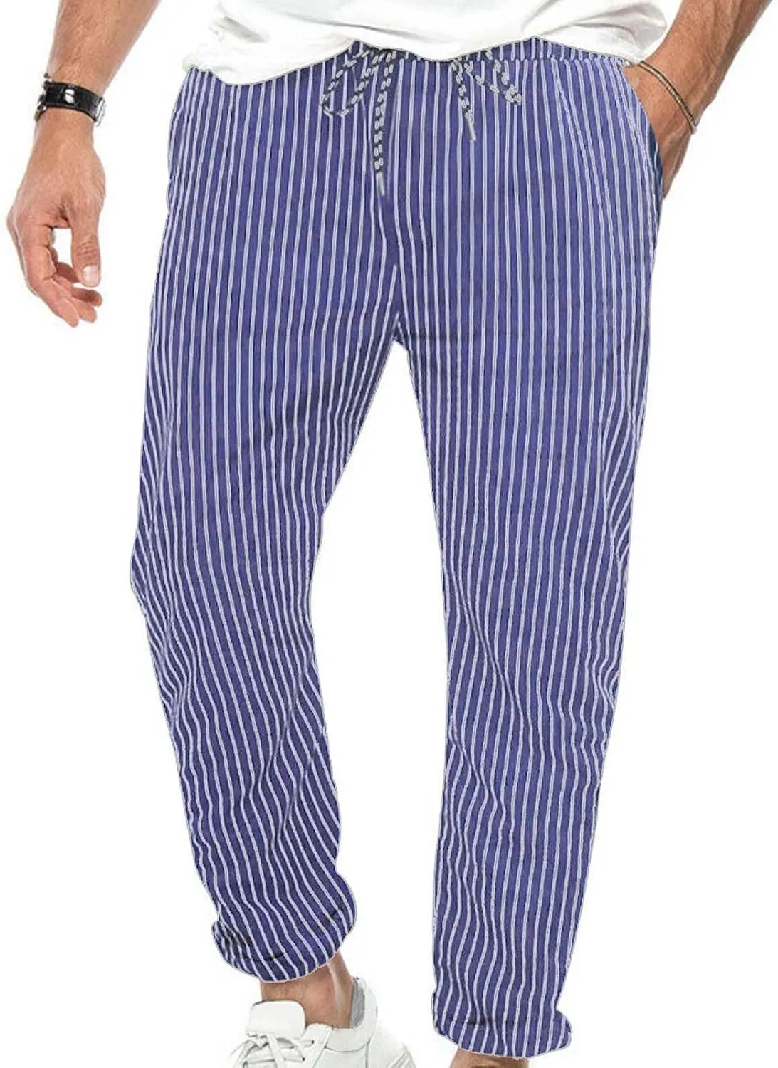 Mens Casual Pants Stripe Elastic Waist Drawstring Tapered Trousers Loose Breathable Outdoor Outing Pants with Pocket