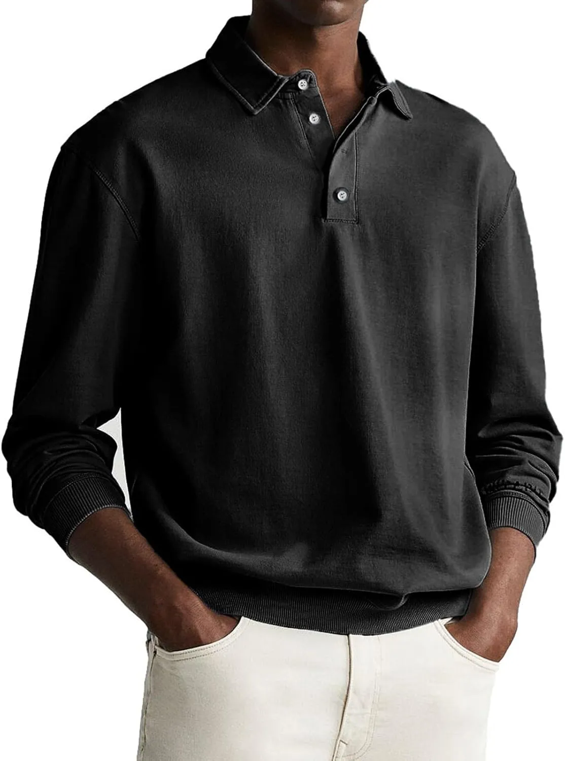 Mens Casual Polo Shirts Vintage Distressed Washed Long Sleeve Button Up Golf Pullover Sweatshirts Retro Streetwear