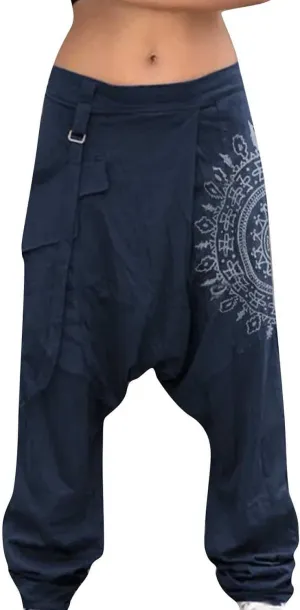 Mens Cotton Baggy Hippie Boho Gypsy Aladdin Yoga Harem Pants Casual Drop Crotch Trouser Elastic Waisted Yoga
