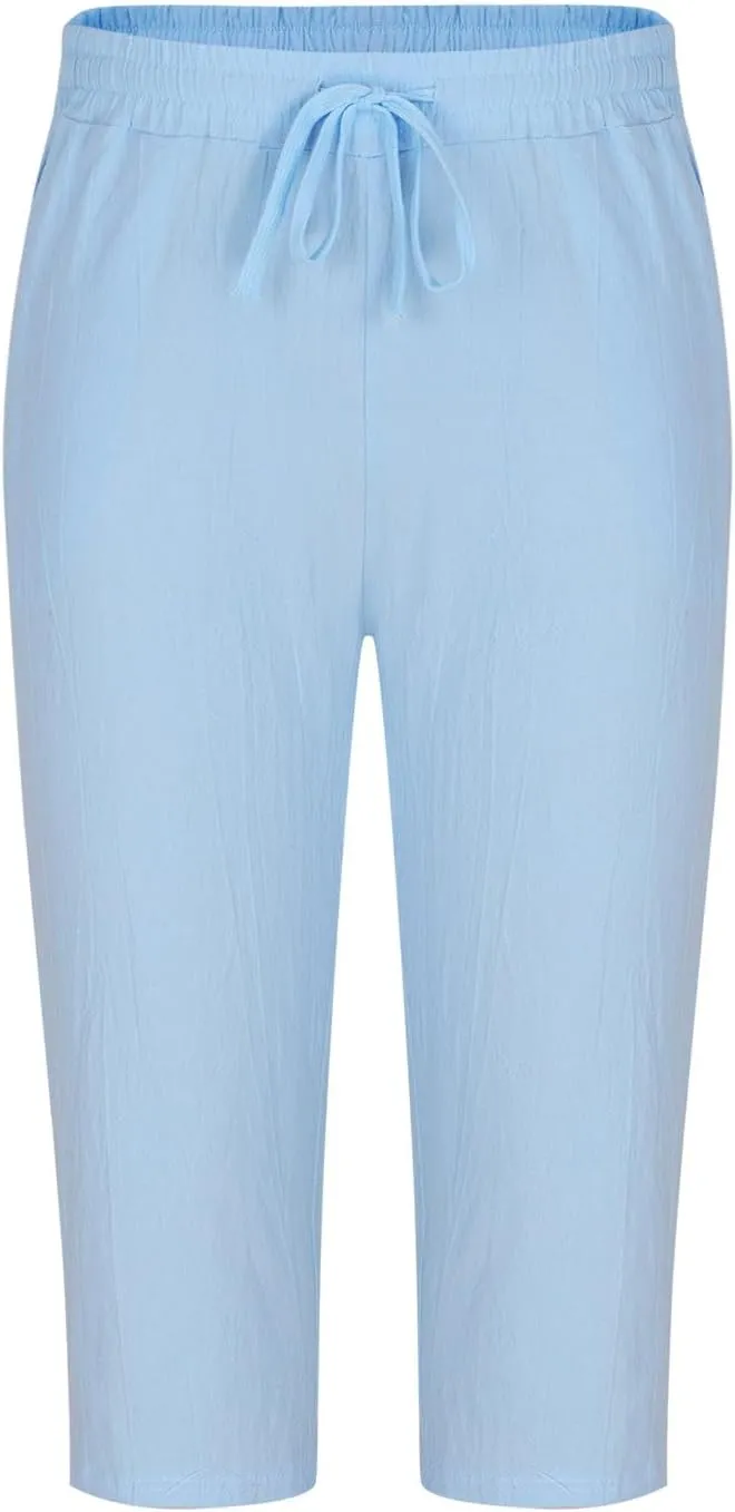 Mens Cotton Linen Capri Pants Relaxed Fit Casual Outdoor Pants with Pockets Breathable Solid Beach Capripants