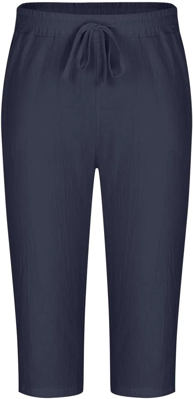 Mens Cotton Linen Capri Pants Relaxed Fit Casual Outdoor Pants with Pockets Breathable Solid Beach Capripants