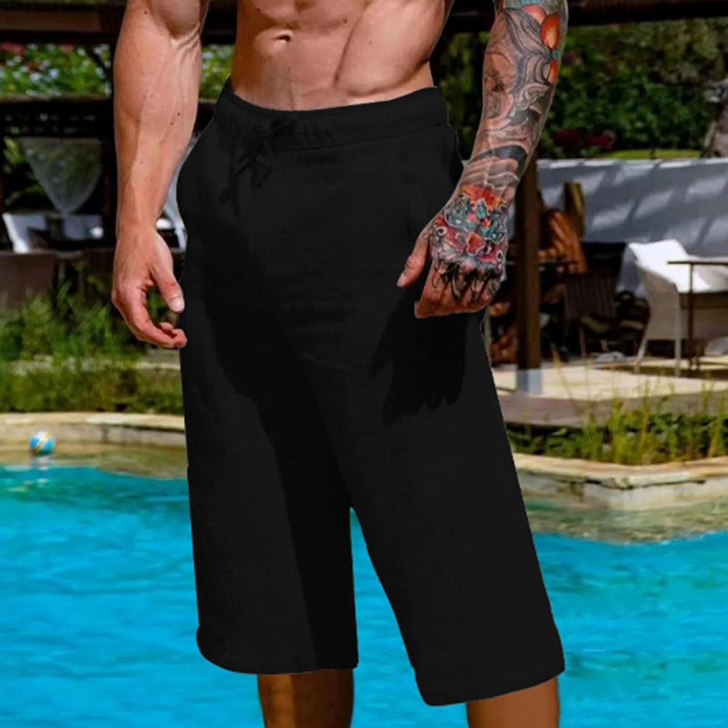 Mens Cotton Linen Capri Pants Relaxed Fit Casual Outdoor Pants with Pockets Breathable Solid Beach Capripants