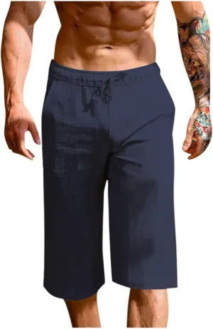 Mens Cotton Linen Capri Pants Relaxed Fit Casual Outdoor Pants with Pockets Breathable Solid Beach Capripants