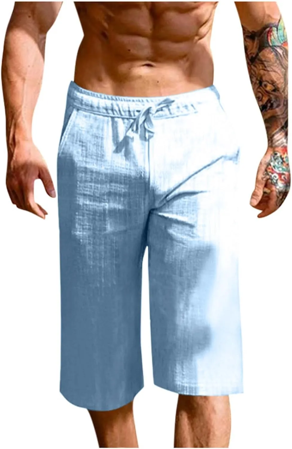 Mens Cotton Linen Capri Pants Relaxed Fit Casual Outdoor Pants with Pockets Breathable Solid Beach Capripants