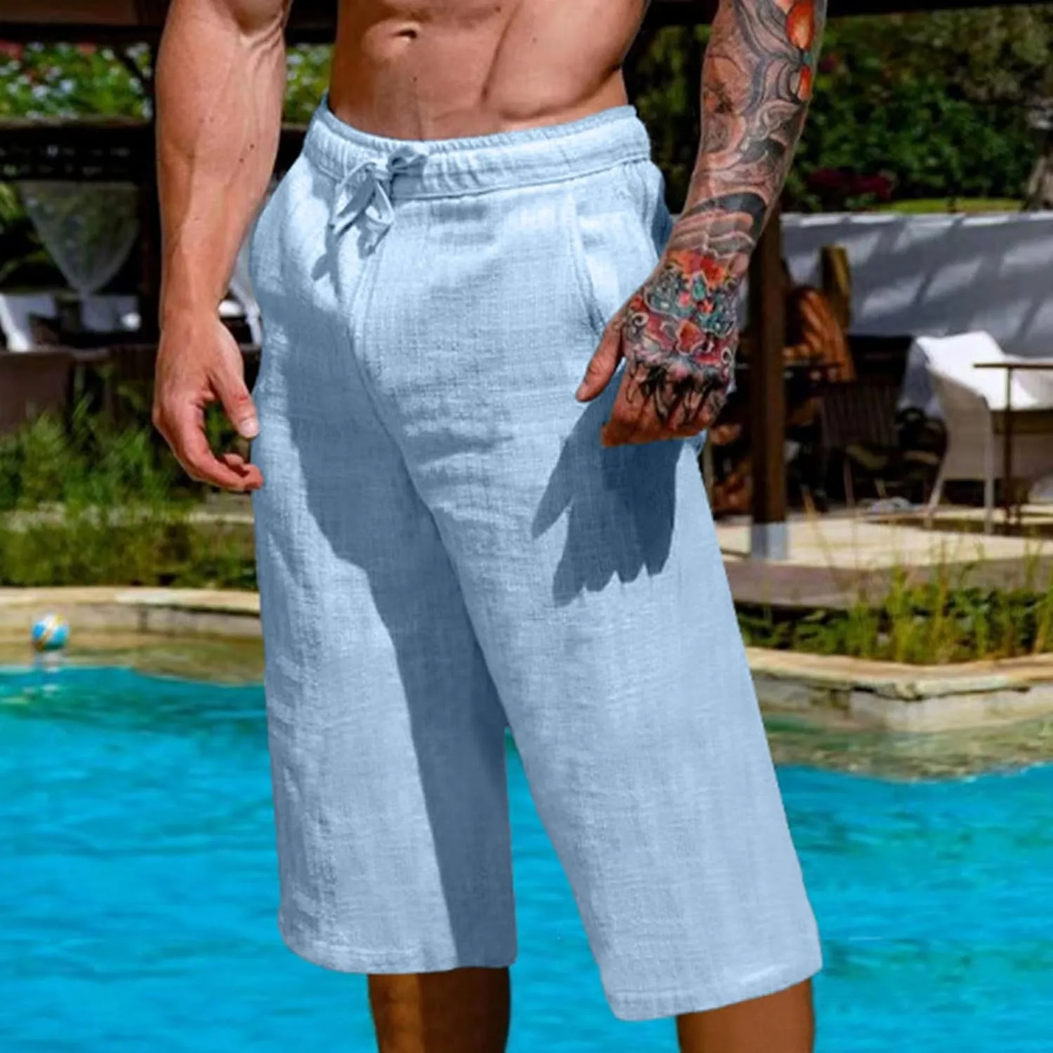 Mens Cotton Linen Capri Pants Relaxed Fit Casual Outdoor Pants with Pockets Breathable Solid Beach Capripants