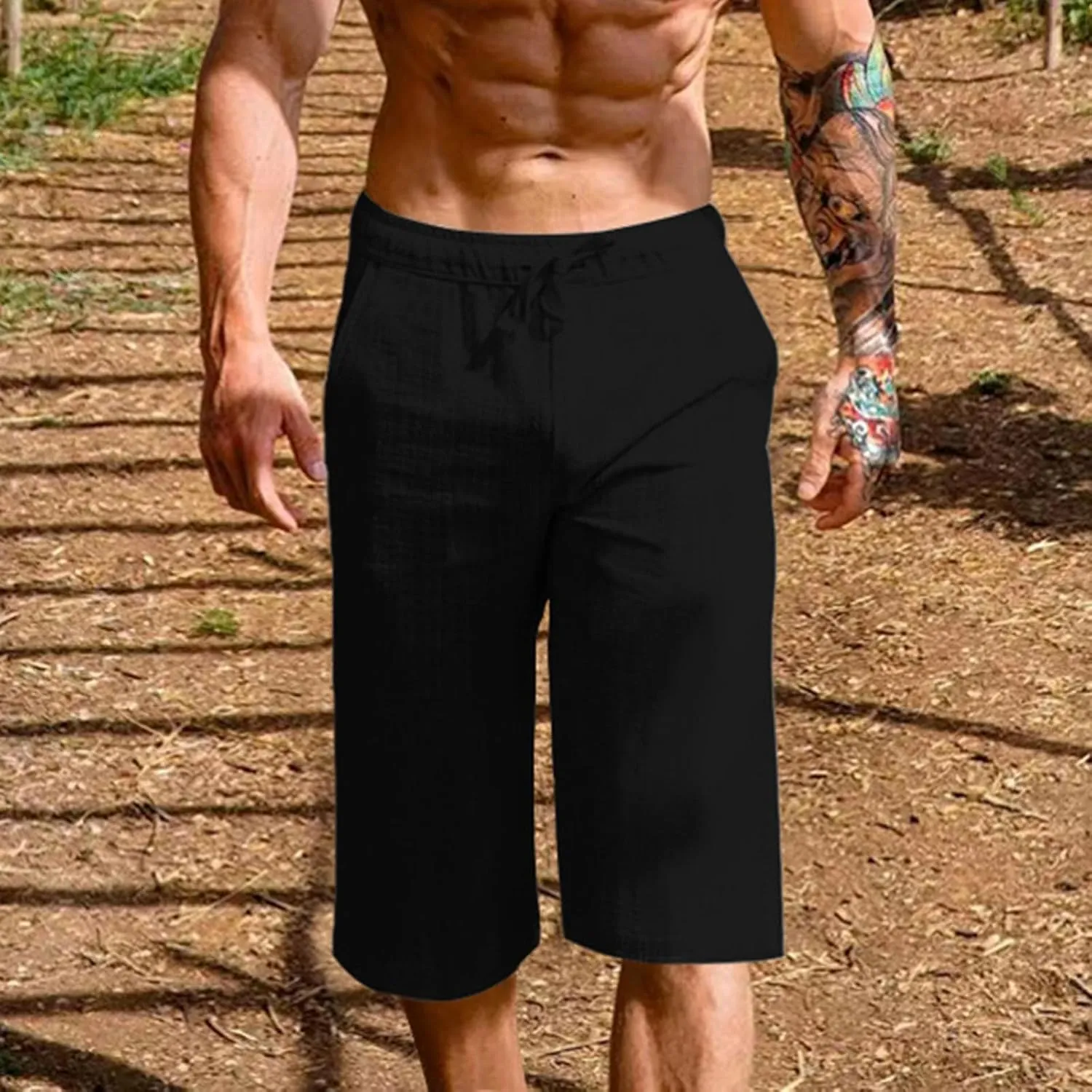 Mens Cotton Linen Capri Pants Relaxed Fit Casual Outdoor Pants with Pockets Breathable Solid Beach Capripants