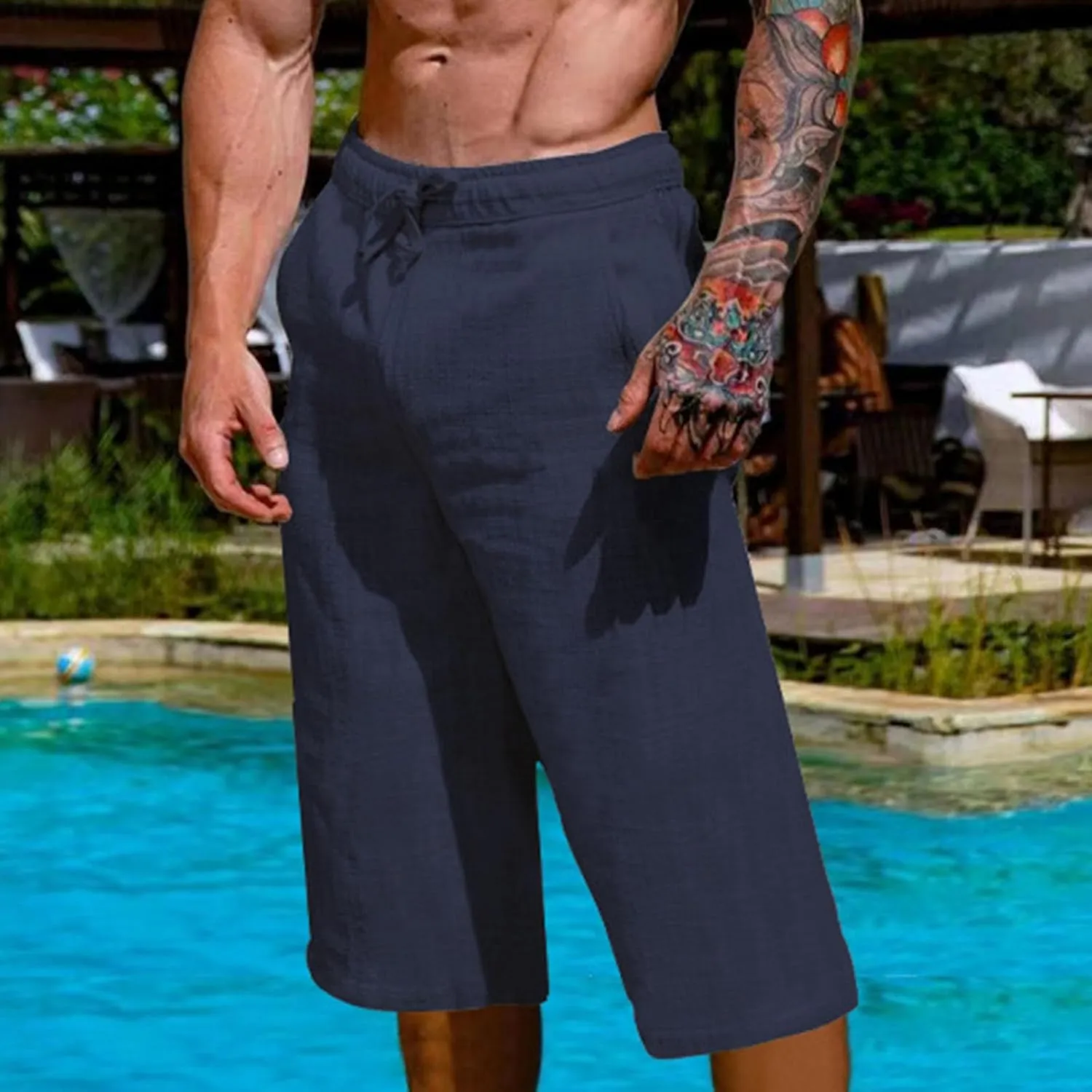 Mens Cotton Linen Capri Pants Relaxed Fit Casual Outdoor Pants with Pockets Breathable Solid Beach Capripants